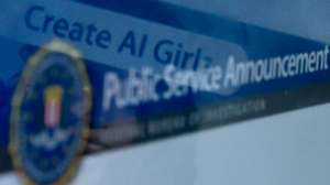 This photo illustration created on July 18, 2023, in Washington, DC, shows an advertisement to create AI girls reflected in a public service announcement issued by the FBI regarding malicious actors manipulating photos and videos to create explicit content and sextortion schemes. Photo apps digitally undressing women, sexualized text-to-image prompts creating "AI girls" and manipulated images fuelling "sextortion" rackets -- a boom in deepfake porn is outpacing US and European efforts to regulate the technology. (Photo by Stefani REYNOLDS / AFP) (Photo by STEFANI REYNOLDS/AFP via Getty Images)
