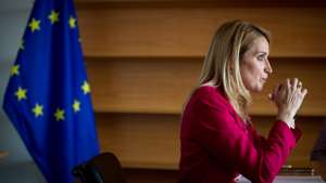 Entrevista de grupo à Presidente do Parlamento Europeu Roberta Metsola, após o encerramento da COFOE (Conferência sobre o Futuro da Europa/Conference on the Future of Europe) em Estrasburgo, no edifício do Parlamento Europeu. 9 de Maio de 2022 Estrasburgo, França TOMÁS SILVA/OBSERVADOR