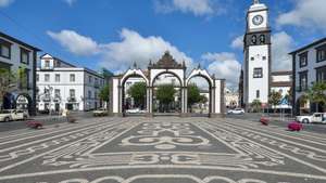 Portugal, Azores, Sao Miguel, Ponta Delgada, Church of San Sebastain and city gate