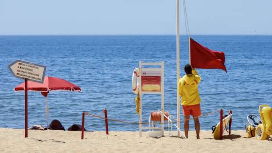 Um nadador-salvador da praia de Quarteira retira a bandeira vermelha, que interditava os turistas a banhos devido à presença de bactérias prejudiciais à saúde na água do mar, para hastear a bandeira verde que permite os banhos, após nova análise à qualidade da água nas praias de Quarteira e Vale do Lobo, em Loulé, 26 de julho de 2023. A interdição a banhos nas praias de Quarteira e Vale do Lobo, no Algarve, que durou menos de 24 horas e cuja interdição foi hoje levantada, foi causada por um foco de poluição. RICARDO NASCIMENTO/LUSA