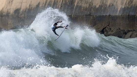 Portuguese surfer Joaquim Chaves, during the World Surfing Championship stage, which takes place at Praia dos Super Tubos in Peniche, March 6, 2024. CARLOS BARROSO/LUSA