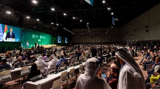 epa11006761 Participants attend the UN Climate Change Conference COP28, in Dubai, United Arab Emirates, 02 December 2023. The 2023 United Nations Climate Change Conference (COP28), runs from 30 November to 12 December, and is expected to host one of the largest number of participants in the annual global climate conference as over 70,000 estimated attendees, including the member states of the UN Framework Convention on Climate Change (UNFCCC), business leaders, young people, climate scientists, Indigenous Peoples and other relevant stakeholders will attend.  EPA/MARTIN DIVISEK
