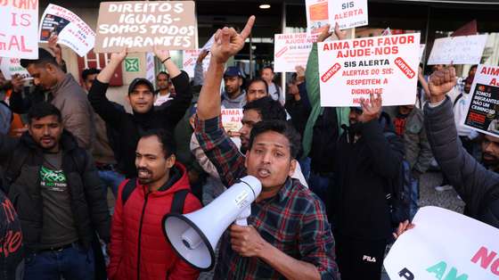 Immigrants, most of them of Asian origin, during a protest contesting the discrimination and lack of answers from AIMA (Agency for Integration, Migration and Asylum), Lisbon, Portugal, 7th April 2025. The initiative has the support of the country's largest immigrant association, Solidariedade Imigrante (Immigrant Solidarity), which has heard the complaints of immigrants from Bangladesh, Nepal, Pakistan and India, and is expressing people's discontent with the legal changes in Portugal, which eliminated expressions of interest, a legal recourse that allowed foreigners to be legalised only on tourist visas. MIGUEL A. LOPES/LUSA