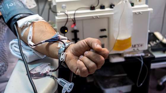 epaselect epa08715073 Enrique, a patient who has recovered from Covid-19, donates blood - from which the plasma is extracted (R) - at the Son Llatzer hospital in Palma de Mallorca, Balearic Islands, Spain, 02 October 2020. A clinical research is being developed in this hospital to check if the antibodies in that plasma are able to contain the progression of the infection in patients currently battling against the coronavirus. Nineteen patients with Covid-19 have already been transfused in the Balearic Islands with donated plasma.  EPA/CATI CLADERA
