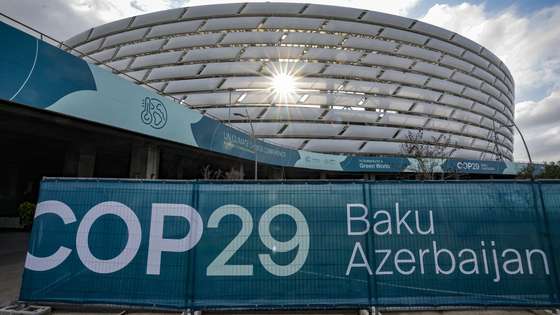 epa11730560 An installation with the COP29 logo is on display near the venue of the United Nations Climate Change Conference COP29 in Baku, Azerbaijan, 20 November 2024. The Azerbaijani capital of Baku hosts the 2024 United Nations Climate Change Conference (COP29) from 11 to 22 November 2024.  EPA/ANATOLY MALTSEV
