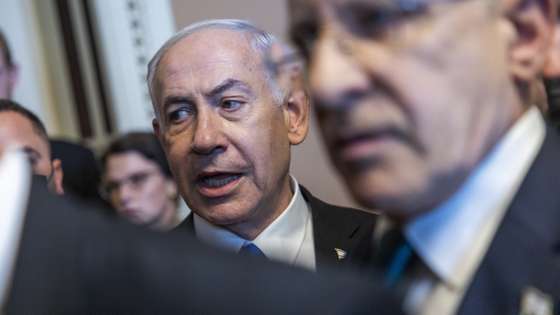 epa12227800 Israeli Prime Minister Benjamin Netanyahu (C) walks to a meeting with bipartisan Senate leadership in the US Capitol, in Washington, DC, USA 09 July 2025.  EPA/SHAWN THEW