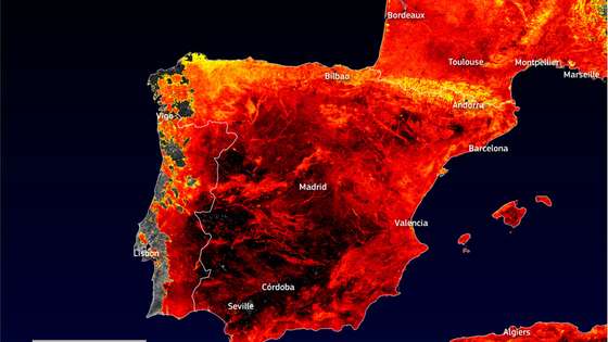 Imagem de satélite da Península Ibérica do dia 14 de julho de 2022 captada pelo Copernicus Sentinel-3 do Programa europeu de Observação da Terra, A onda de calor extrema na Europa, com muitos recordes de temperatura foram batidos em Portugal e Espanha. De acordo com o IPMA - Instituto Português do Mar e da Atmosfera a estação meteorológica do Pinhão registou uma temperatura do ar de 47°C no dia 14 de Julho. (Fotografia distribuída a 15 de julho de 2022). UNIÃO EUROPEIA, IMAGENS DO COPERNICUS SENTINEL-3 / LUSA