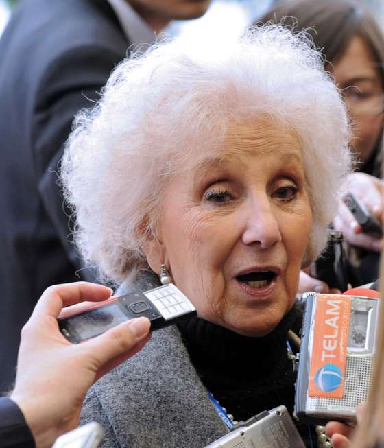The president of Human Rights organization Abuelas de Plaza de Mayo, Estela Barnes Corlotto, talks to the press before being distinguished as illustrious citizen of South America's biggest trade bloc Mercosur before taking part in the XLI Ordinary Meeting of the Common Market Council (CMC) and Mercosur's Summit, at the convention centre of the South American Football Confederation (CONMEBOL) in Luque, near Asuncion, Paraguay on June 28, 2011. AFP PHOTO/NORBERTO DUARTE (Photo credit should read NORBERTO DUARTE/AFP/Getty Images)