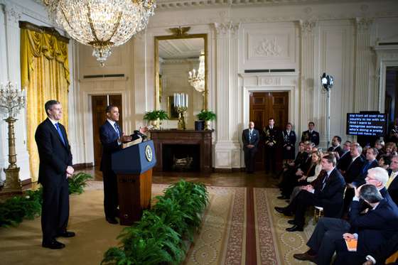 WASHINGTON - FEBRUARY 9: U.S. President Barack Obama, joined by Education Secretary Arne Duncan (L), speaks about the No Child Left Behind law in the East Room of the White House on February 9, 2012 in Washington, DC. Obama announced that ten states that have agreed to implement reforms around standards and accountability will receive flexibility from the mandates of the federal education law. (Photo by Brendan Hoffman/Getty Images)