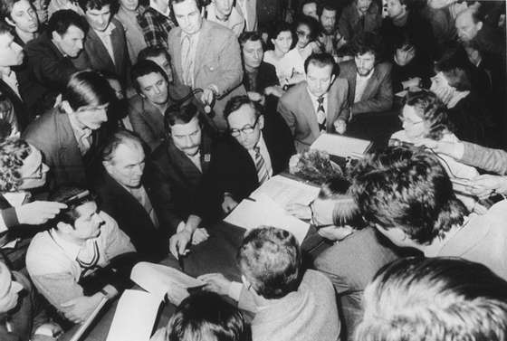 Lech Walesa (moustache) and Tadeusz Mazowiecki (glasses) at Warsaw District Court sign the documents of the official registering of "Solidarnosc", Free Independent Trade Union, 24 September 1980. The Polish goverment was forced to recognize "Solidarnosc" after an 18-days strike in the Lenin Shipyard in Gdansk and it became the first independent trade union in a country belonging to the Soviet block. (Photo credit should read /AFP/Getty Images)