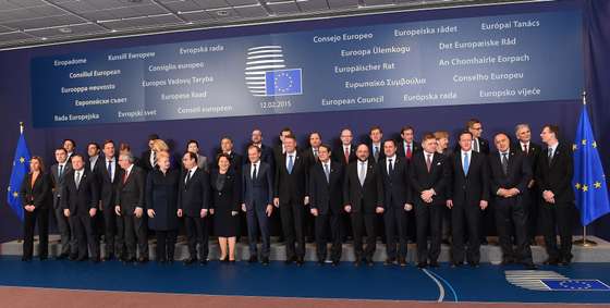 European leaders pose during a family photo at an European Council leaders summit in Brussels on February 12, 2015. AFP PHOTO/Emmanuel Dunand        (Photo credit should read EMMANUEL DUNAND/AFP/Getty Images)