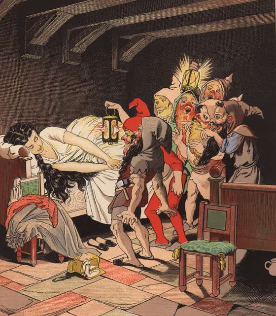 circa 1812:  The seven dwarves find Snow White asleep in their bedroom, from the fairy tale by the brothers Grimm.  (Photo by Hulton Archive/Getty Images)
