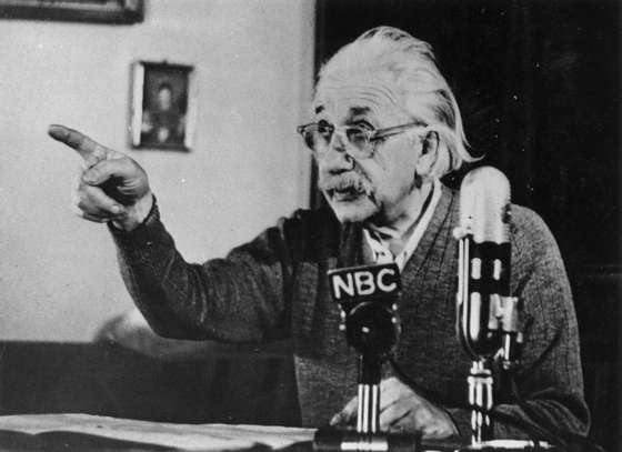 circa 1955:  Mathematical physicist Albert Einstein (1879 - 1955) delivers one of his recorded lectures.  (Photo by Keystone/Getty Images)