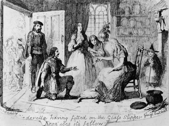 circa 1830:  Cinderella, having tried on the glass slipper, produces its fellow.  Etching by George Cruikshank as an illustration for Grimm's 'Aschenputtel'.  (Photo by Hulton Archive/Getty Images)