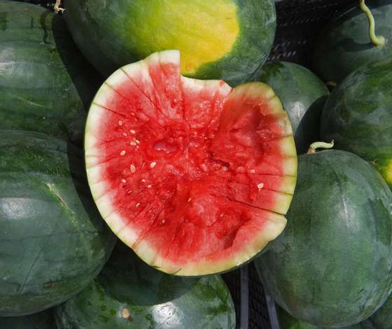 A sliced open watermelon is seen as locally grown fruits and vegetables are sold at the Herndon, Virginia, Farmer's Market July 30, 2009.  AFP Photo/Paul J. Richards (Photo credit should read PAUL J. RICHARDS/AFP/Getty Images)