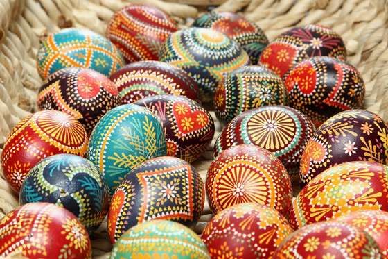 LEHDE, GERMANY - APRIL 03:  Painted easter eggs in traditional Sorbian motives are pictured on the season opening of the open-air museum Lehde on April 3, 2010 in Lehde, near  Lubbenau, Germany. Easter egg painting is a strong part of Sorbian tradition and visual elements within the painting are meant to ward off evil. Sorbians are a Slavic minority in eastern Germany and many still speak Sorbian, a language closely related to Polish and Czech.  (Photo by Andreas Rentz/Getty Images)