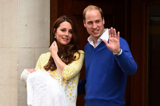 Catherine, Duchess of Cambridge and Prince William, Duke of Cambridge leave The Lindo Wing of St Mary's Hospital with their newborn daughter on May 2, 2015 in London, England.