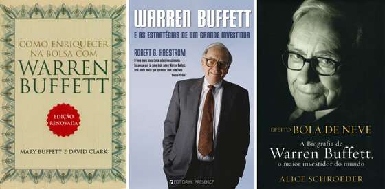 Estes s&Atilde;&pound;o alguns dos livros sobre Warren Buffett traduzidos em Portugal. Da esquerda para a direita: "Como Enriquecer na Bolsa com Warren Buffett", de Mary Buffett e David Clarke; "Warren Buffett e as Estrat&Atilde;&copy;gias de Um Grande Investidor", de Robert G. Hagstrom; e "Efeito Bola Neve", a biografia escrita por Alice Schroeder.
