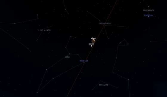 A posiÃ§Ã£o relativa de VÃ©nus, JÃºpiter e Regulus no dia 26 de junho - Solar System Scope