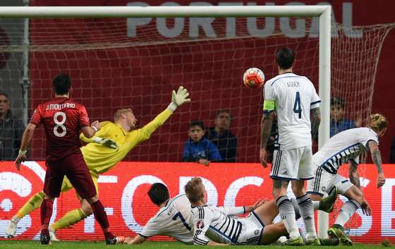 Portugal's midfielder Joao Moutinho (L) scores the opening goal during the Euro 2016 qualifying football match Portugal vs Denmark at the Municipal stadium in Braga on October 8, 2015. AFP PHOTO/ FRANCISCO LEONG (Photo credit should read FRANCISCO LEONG/AFP/Getty Images)