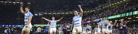Argentina's players celebrate after winning a quarter final match of the 2015 Rugby World Cup between Ireland and Argentina at the Millennium Stadium in Cardiff, south Wales, on October 18, 2015. AFP PHOTO / DAMIEN MEYER RESTRICTED TO EDITORIAL USE, NO USE IN LIVE MATCH TRACKING SERVICES, TO BE USED AS NON-SEQUENTIAL STILLS (Photo credit should read DAMIEN MEYER/AFP/Getty Images)