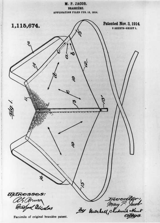 3rd November 1914: A copy of the first patent for the brassiere, filed on 12th February 1914, by Mary P Jacob. (Photo by Hulton Archive/Getty Images)