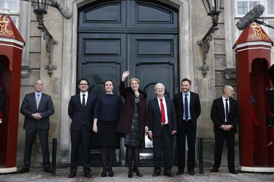 Danish Prime minister Helle Thorning-Schmidt (C) poses with her new cabinet, (2nd from L) minister of Tax Jonas Dahl, minister of Justice Karen Haekkerup, Forein Affairs minister Holger K. Nielsen and minister for Food and Agriculture, Dan Joergensen after presentation at Amalienborg on December 12, 2013 in Copenhagen. AFP PHOTO / Scanpix Denmark / JENS ASTRUP / DENMARK OUT (Photo credit should read JENS ASTRUP/AFP/Getty Images)