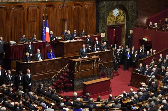 French President Francois Hollande delivers a speech to members of Parliament during an exceptional joint gathering of Parliament in Versailles on November 16, 2015, three days after 129 people were killed in the worst terrorist attack in France's history. AFP PHOTO / POOL / ERIC FEFERBERG (Photo credit should read ERIC FEFERBERG/AFP/Getty Images)