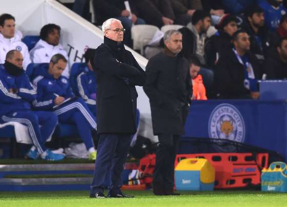 LEICESTER, ENGLAND - DECEMBER 14: (l-R) Claudio Rainieri the manager of Leicester City and Jose Mourinho the manager of Chelsea look on during the Barclays Premier League match between Leicester City and Chelsea at the King Power Stadium on December14, 2015 in Leicester, United Kingdom. (Photo by Michael Regan/Getty Images)