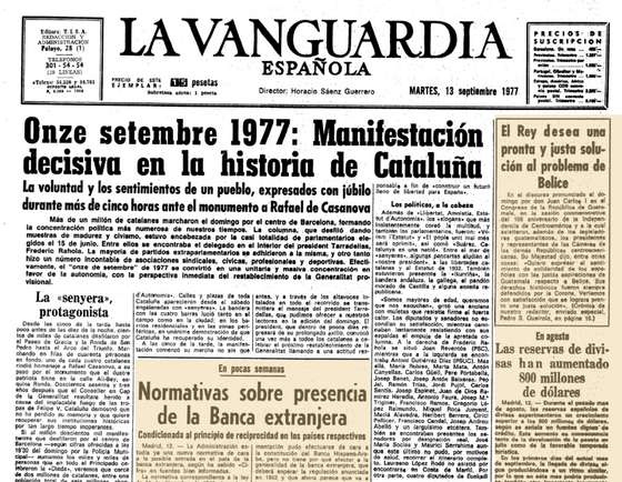 Em 15 de junho de 1977 celebraram-se na Espanha as primeiras elei&Atilde;&sect;&Atilde;&micro;es legislativas democr&Atilde;&iexcl;ticas ap&Atilde;&sup3;s a proclama&Atilde;&sect;&Atilde;&pound;o de Juan Carlos I como rei da Espanha. Os deputados e senadores eleitos pela Catalunha pertenciam aos partidos que inclu&Atilde;&shy;am nos seus programas a reivindica&Atilde;&sect;&Atilde;&pound;o de um estatuto de autonomia e o restabelecimento da Generalitat. Esta vontade popular foi ratificada na Diada (festa) nacional de 11 de setembro de 1977. Um milh&Atilde;&pound;o de cidad&Atilde;&pound;os desfilaram pacificamente pelo centro de Barcelona, capital da Catalunha, numa das maiores manifesta&Atilde;&sect;&Atilde;&micro;es da hist&Atilde;&sup3;ria da Europa contempor&Atilde;&cent;nea.