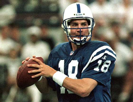 INDIANAPOLIS, IN - AUGUST 16: Indianapolis Colts rookie quarterback Peyton Manning looks for a received during a pre-season game with the San Diego Chargers 22 August at the RCA Dome in Indianapolis, IN. (Photo credit should read JOHN RUTHROFF/AFP/Getty Images)