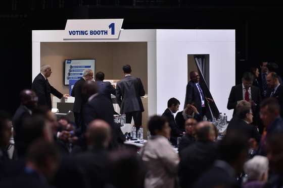 Delegates vote for a new FIFA president during the extraordinary FIFA Congress at the headquarters of the world's governing body of football in Zurich on February 26, 2016. AFP PHOTO / FABRICE COFFRINI / AFP / FABRICE COFFRINI (Photo credit should read FABRICE COFFRINI/AFP/Getty Images)