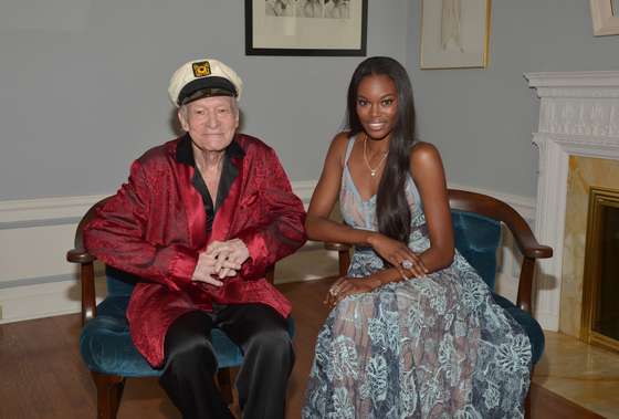 LOS ANGELES, CA - MAY 11: Playboy Founder and Editor-In-Chief Hugh M. Hefner poses with 2016 Playmate of the Year Eugena Washington at Playboy's 2016 Playmate of the Year Announcement at the Playboy Mansion on May 11, 2016 in Los Angeles, California. (Photo by Charley Gallay/Getty Images for Playboy)