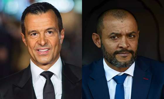 O empres&Atilde;&iexcl;rio Jorge Mendes e o ex-futebolista (hoje treinador) Nuno Esp&Atilde;&shy;rito Santo s&Atilde;&pound;o "unha com carne", nos relvados como fora deles (Cr&Atilde;&copy;ditos: JACK TAYLOR/AFP/Getty Images e Manuel Queimadelos Alonso/Getty Images)