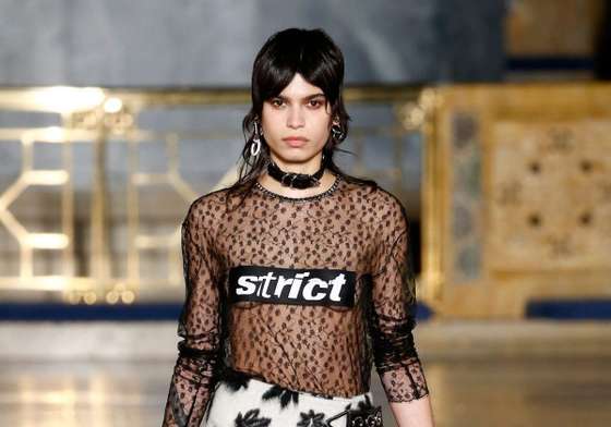 NEW YORK, NY - FEBRUARY 13: A model walks the runway wearing Alexander Wang Fall 2016 during New York Fashion Week at St. Bartholomew's Church on February 13, 2016 in New York City. (Photo by Brian Ach/Getty Images)