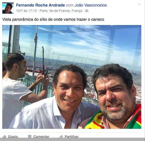 Fotografia publicada por Rocha Andrade no seu facebook, no dia da final do europeu, com o secretÃ¡rio de Estado da InovaÃ§Ã£o. Viajaram a convite da Galp.