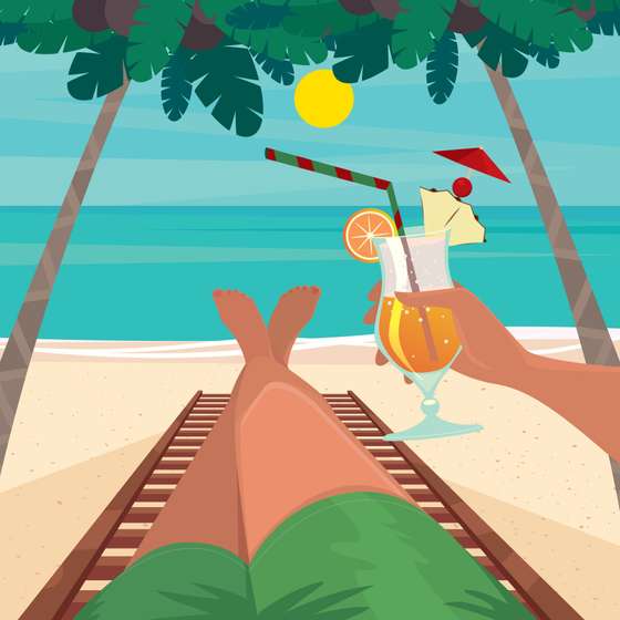 man, guy, hold, beverage, drink, cocktail, tropic, beach, coast, sea shore, seaboard, seaside, shore, resort, outdoor, ocean, sea, fair, sunny, lie, leaned back, sun, lounger, sit, summer, time, summertime, first person view, FPV, alone, lonely, one, palm, tree, coconut, foot, leg, day, sunlight, comfort, furlough, leave, recreation, repose, rest, vacation, cartoon, illustration, eps, vector, 