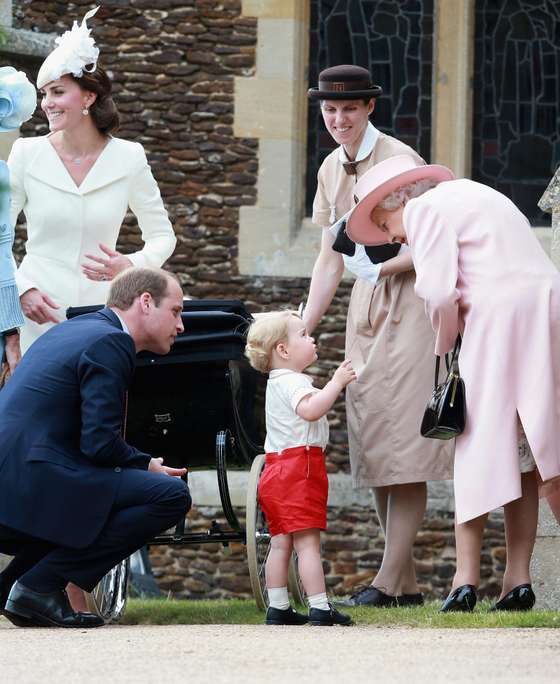 KING'S LYNN, ENGLAND - JULY 05: Catherine, Duchess of Cambridge, Prince William, Duke of Cambridge, Princess Charlotte of Cambridge and Prince George of Cambridge, Queen Elizabeth II and Prince George's nanny, Maria Teresa Turrion Borrallo leave the Church of St Mary Magdalene on the Sandringham Estate for the Christening of Princess Charlotte of Cambridge on July 5, 2015 in King's Lynn, England. (Photo by Chris Jackson - WPA Pool / Getty Images)
