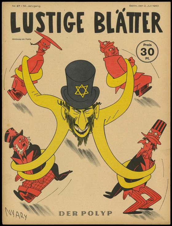 Capa da revista sat&Atilde;&shy;rica alem&Atilde;&pound; Lustige Bl&Atilde;&curren;tter, 1943: O polvo judeu manipula os Aliados
