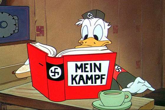 Imagem de Der Fuehrer&acirc;s face, uma curta-metragem de anima&Atilde;&sect;&Atilde;&pound;o da Disney, lan&Atilde;&sect;ada em 1943. Foi o &Atilde;&ordm;nico filme com o Pato Donald que ganhou um &Atilde;scar