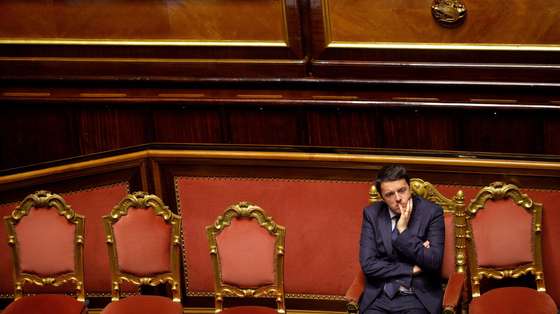Newly appointed Italian Prime Minister Matteo Renzi looks on during a debate ahead of a confidence vote at the Italian Senate on February 24, 2014, in Rome. Italy's new Prime Minister Matteo Renzi was to unveil details of his ambitious government programme on February 24 as he faced a confidence vote in parliament in a key test of his power to unite warring factions and secure a solid majority. The new premier is expected to present plans for rapidly overhauling the tax system, job market and public administration in his speech to the Senate, which will put his newly-formed cabinet to a confidence vote. AFP PHOTO / ANDREAS SOLARO (Photo credit should read ANDREAS SOLARO/AFP/Getty Images)