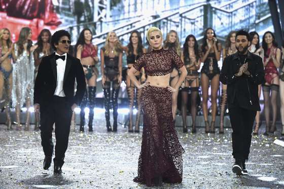 PARIS, FRANCE - NOVEMBER 30: Bruno Mars, Lady Gaga and Weeknd walks the runway at the Victoria's Secret Fashion Show on November 30, 2016 in Paris, France. (Photo by Pascal Le Segretain/Getty Images for Victoria's Secret)