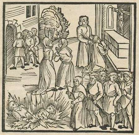 Uma das duas &Atilde;&ordm;nicas gravuras sobreviventes ao Terramoto de Lisboa 1755 e ao inc&Atilde;&ordf;ndio da Torre do Tombo: &acirc;Von dem Christeliche &acirc; Streyt, k&Atilde;&frac14;rtzlich geschehe &acirc; jm. M.CCCCC.vj Jar zu Lissbona &acirc; ein haubt stat in Portigal zwischen en christen und newen chri &acirc; sten oder juden, von wegen des gecreutzigisten [sic] got.&acirc; (Da Contenda Crist&Atilde;&pound;, que recentemente teve lugar em Lisboa, capital de Portugal, entre crist&Atilde;&pound;os e crist&Atilde;&pound;os-novos ou judeus, por causa do Deus Crucificado&acirc;).