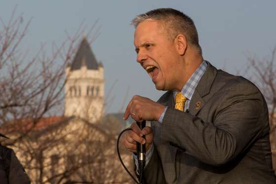 Christopher Suprun, a Texas GOP "faithless elector" who will not cast a vote for US-President Elect Donald Trump, speaks during a demonstration hosted by #TURNOUT at the Sylvan Theatre near The Washington Monument in Washington, DC, December 17, 2016. / AFP / ZACH GIBSON (Photo credit should read ZACH GIBSON/AFP/Getty Images)