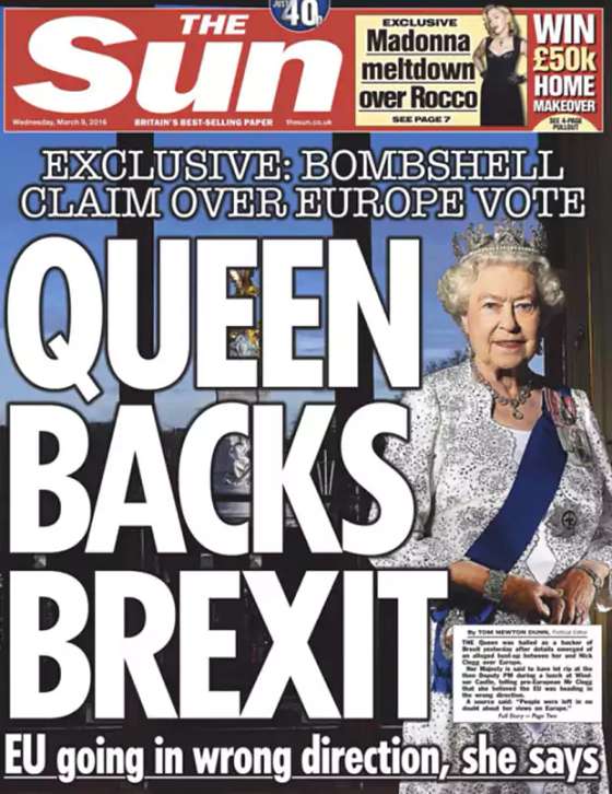 Primeira p&Atilde;&iexcl;gina do The Sun de 9 de mar&Atilde;&sect;o de 2016: "A rainha apoia o Brexit"