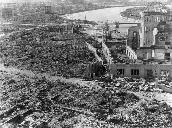 Devastation at Hiroshima, after the atomic bomb was dropped. The building on the right was preserved as the Hiroshima Peace Memorial, Atomic Bomb Dome or Genbaku Dome.(Photo by Keystone/Getty Images)