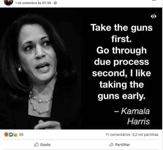Imagem com cita&Atilde;&sect;&Atilde;&pound;o falsamente atribu&Atilde;&shy;da a Kamala Harris