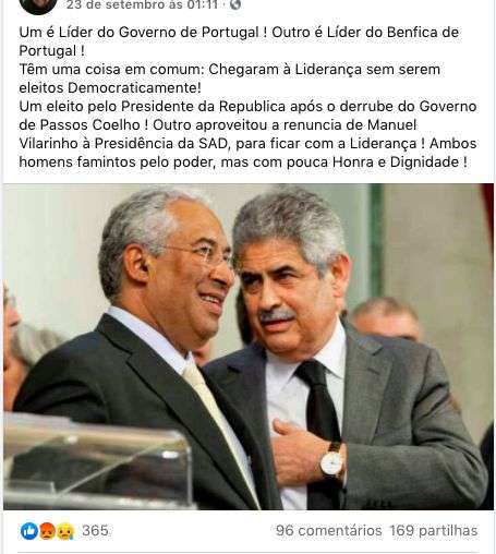 Imagem viral acusa Ant&Atilde;&sup3;nio Costa e Lu&Atilde;&shy;s Filipe Vieira de n&Atilde;&pound;o terem sido eleitos democraticamente