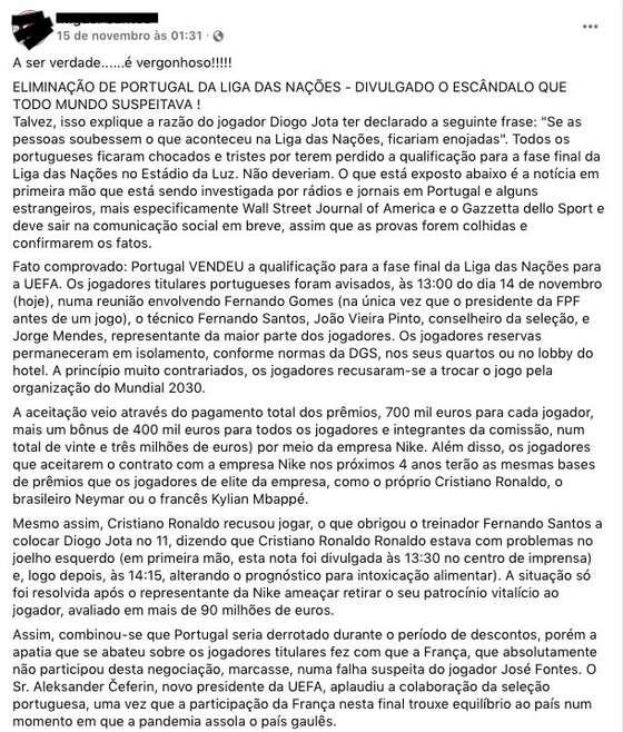 Post viral que acusa a sele&Atilde;&sect;&Atilde;&pound;o nacional de se ter vendido.