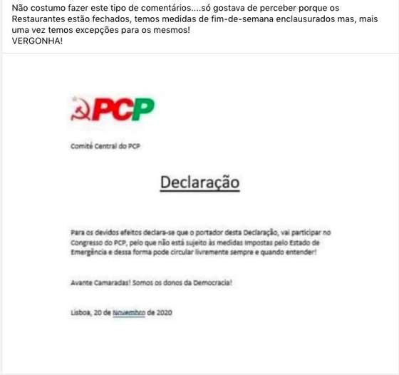 Falsa declaraÃ§Ã£o atribuÃ­da ao ComitÃ© Central do PCP.